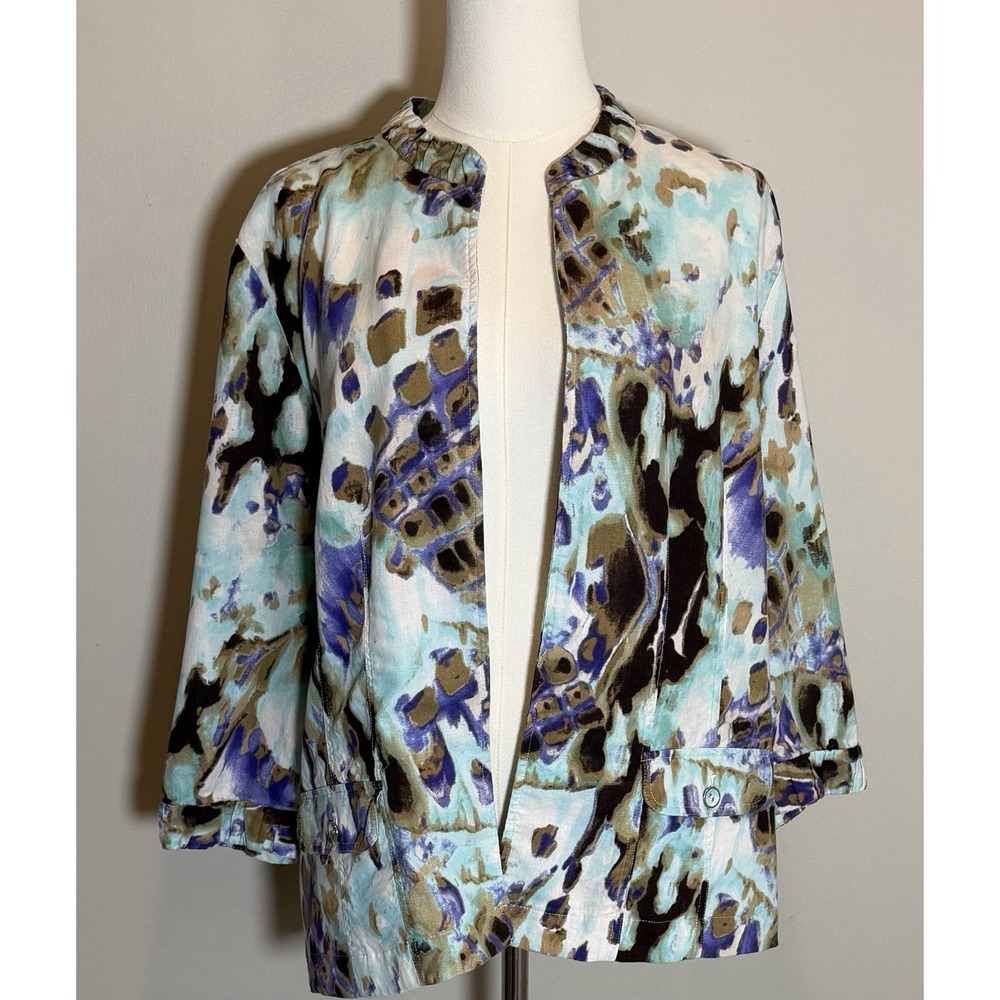 Chico's Zenergy Abstract Open Front Jacket Women's 2 3/4 Sleeve Pockets